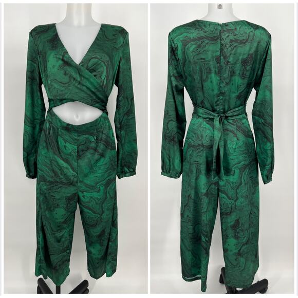 Hutch Rhiannon Jumpsuit Size 4 Green Black Marble Print Satin Wide Leg Wrap Top - Picture 1 of 13